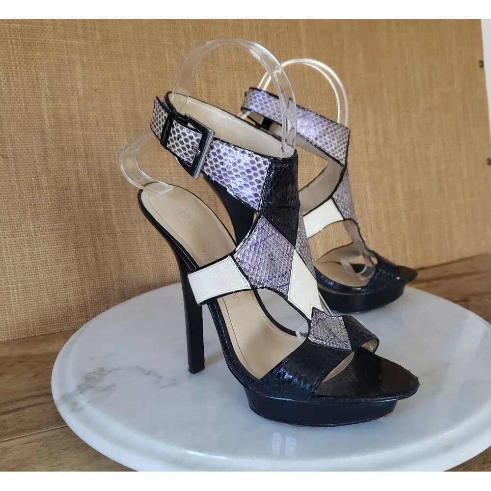 Vintage Charles Jourdan Black White Purple Iridescent Snakeskin Stiletto Heels 7